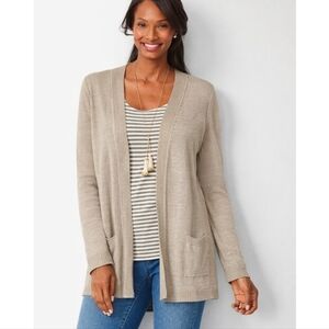 Talbots Cardigan Large 100% Linen  Open Front Tan Coastal Grandma
